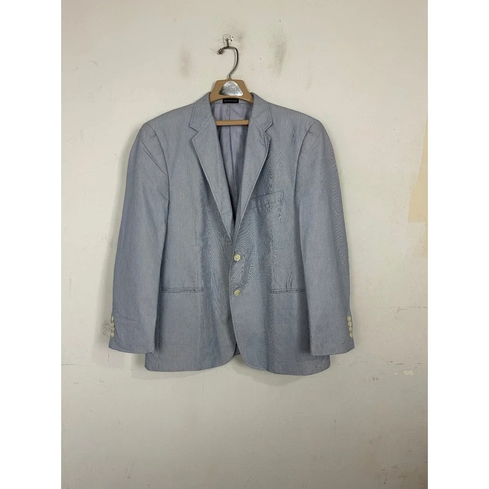 Stafford Essentials Mens 44R Seersucker Stripe Blazer Blue White Classic Fit